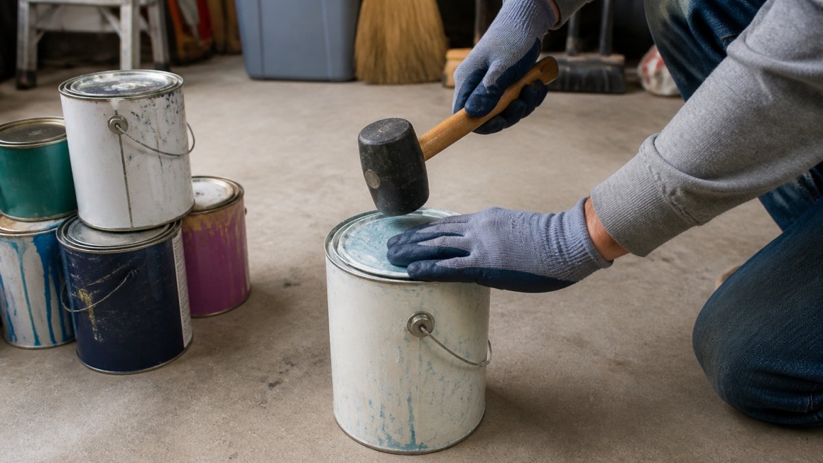 A person wearing work gloves sealing a partially used paint can with a lid and mallet on a garage floor, with several other paint cans stacked nearby