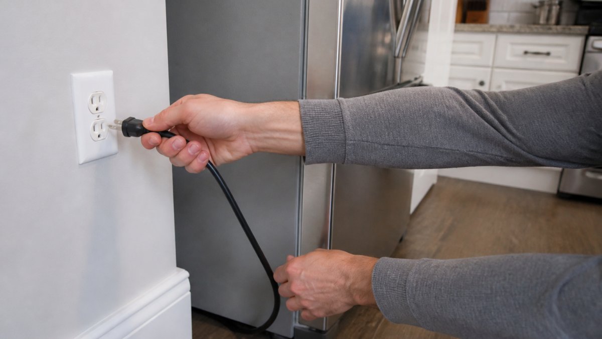 Person's hands unplugging a refrigerator's power cord from a wall outlet, showing the white outlet and black cord clearly disconnected in a kitchen setting