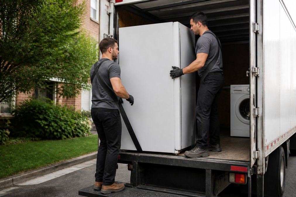 Professional junk removal crew carefully loading a refrigerator and washing machine into a truck bed, using proper lifting straps and body positioning with two workers coordinating the lift