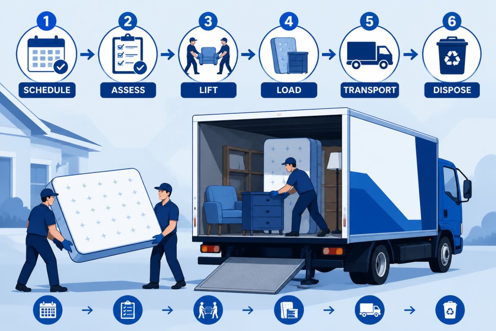 Professional junk removal crew loading a truck with bulky items including a mattress and furniture, showing the lifting and loading process with proper technique