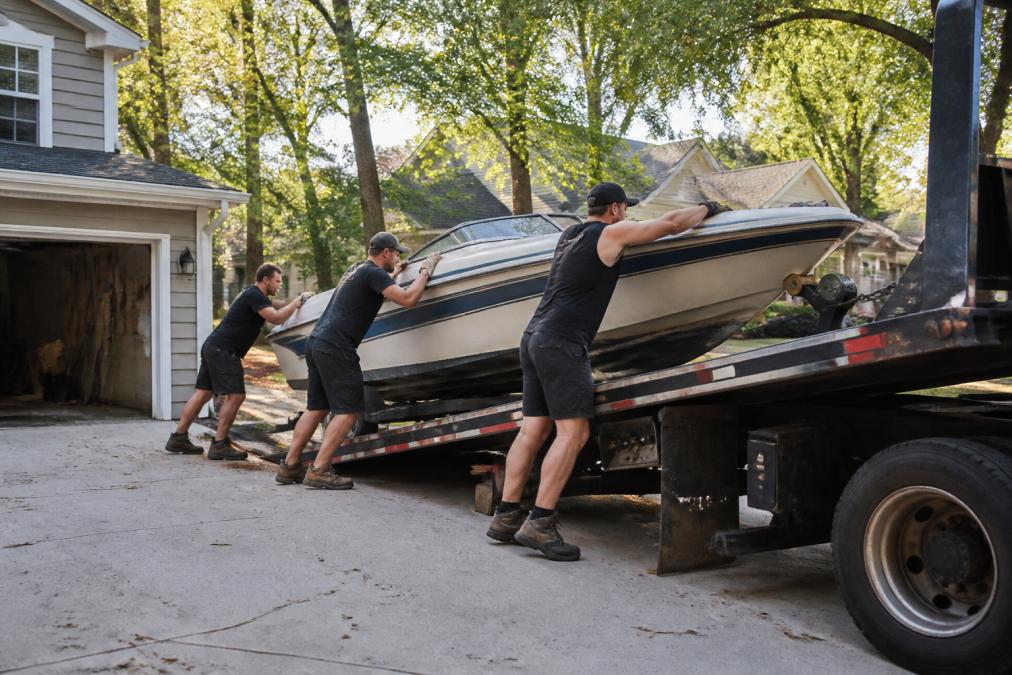 Professional junk removal crew loading a fiberglass boat onto a flatbed truck in a residential driveway, with equipment and teamwork visible under afternoon sunlight