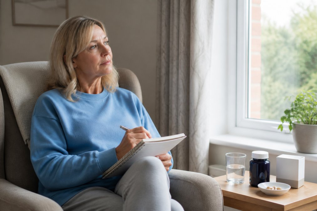 Woman in her 50s at home sitting by a window with natural daylight, holding a notepad where she's written notes about symptoms, looking thoughtful and reflective