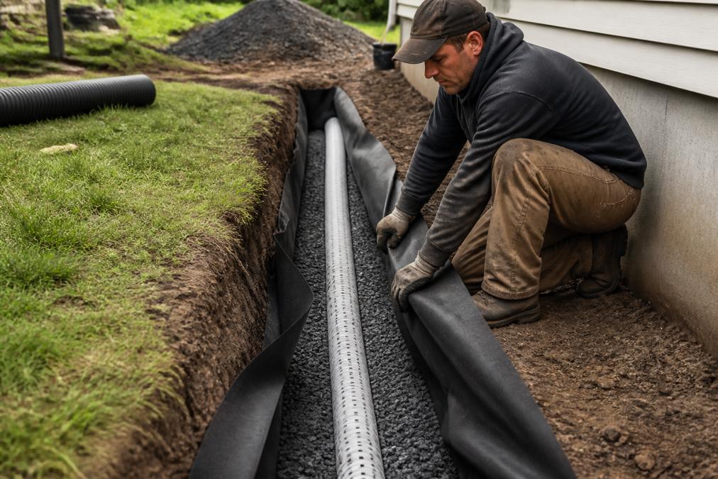 Professional contractor installing a French drain system in residential yard, showing trenching with drainage pipe, aggregate layers, and geotextile fabric being positioned