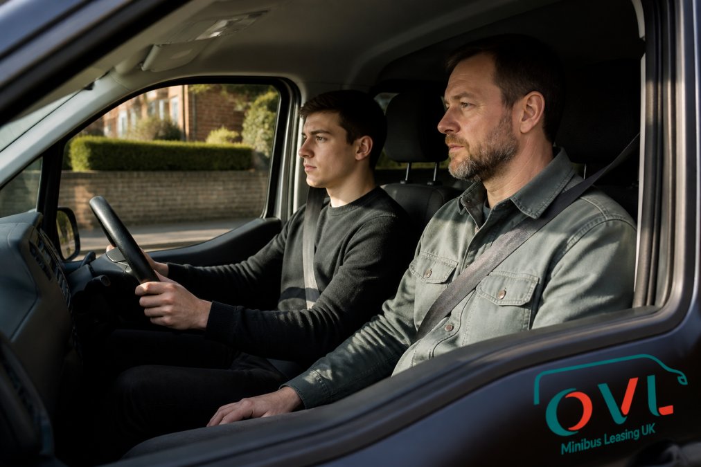 Experienced driver seated in front passenger seat beside learner driver, both focused on road ahead, showing proper positioning and attentiveness in modern car interior