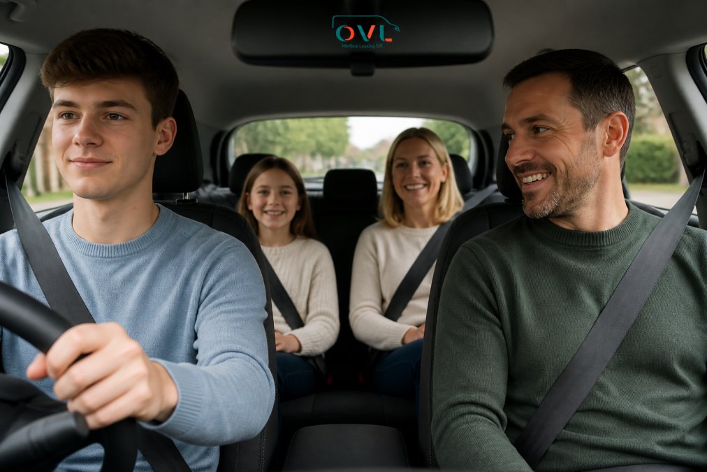 Family inside car with learner driver, showing properly restrained passengers in back seats with seatbelts fastened, demonstrating correct seating arrangement