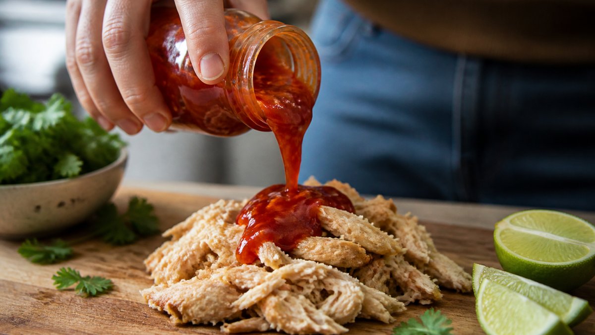 Close-up of hands drizzling a glossy chilli sauce over shredded cooked chicken on a wooden board, with fresh lime and coriander nearby in a bright home kitchen