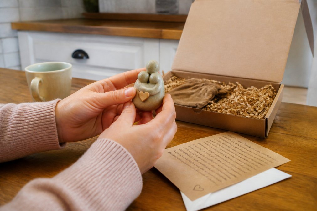 A close-up of hands holding a small hand-finished keepsake gift next to a handwritten note on a kitchen table, with a letterbox visible in the background
