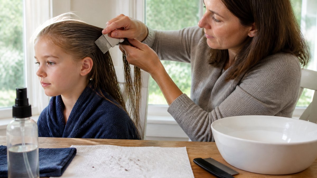 Step-by-step guide showing how to use a metal lice comb on wet hair to remove lice and nits effectively.