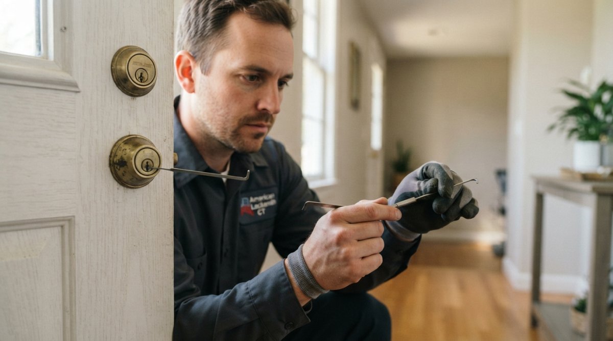 Professional locksmith using a tension wrench and pick as locksmiths open doors without causing any damage.