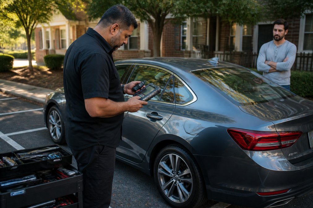 A locksmith technician standing beside a sedan in a suburban parking lot, programming a key fob using a handheld diagnostic device while the car owner watches from nearby, afternoon sunlight