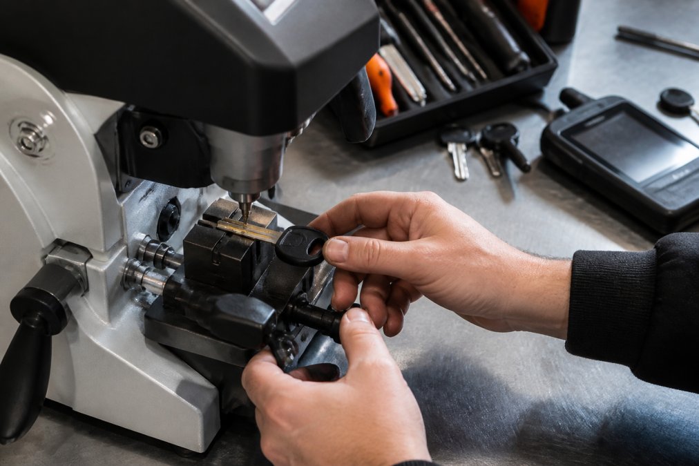 Locksmith's hands using a precision key cutting machine to cut a new car key blank on a metal workbench, with diagnostic scanner and tools visible in the background under workshop lighting