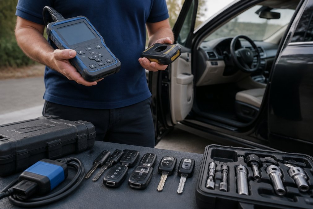 Professional locksmith holding a diagnostic OBD-II scanner and key programming device next to an open car door, with additional tools and key blanks arranged on a workbench