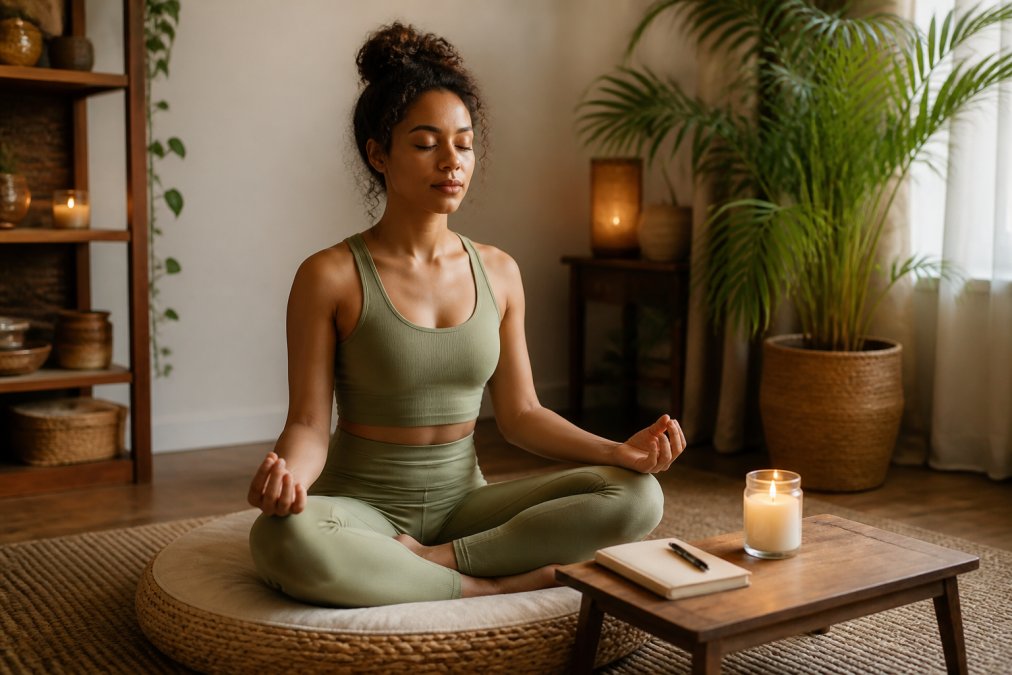 A woman sitting cross-legged on a cozy floor cushion in a softly lit room, eyes closed, with a lit soy wax candle, a small journal, and a pen arranged on a low wooden tray beside her