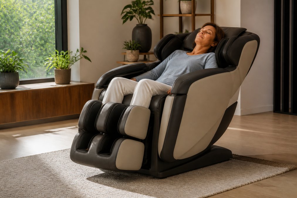 Person relaxing in a zero gravity massage chair in a sunlit living room with eyes closed