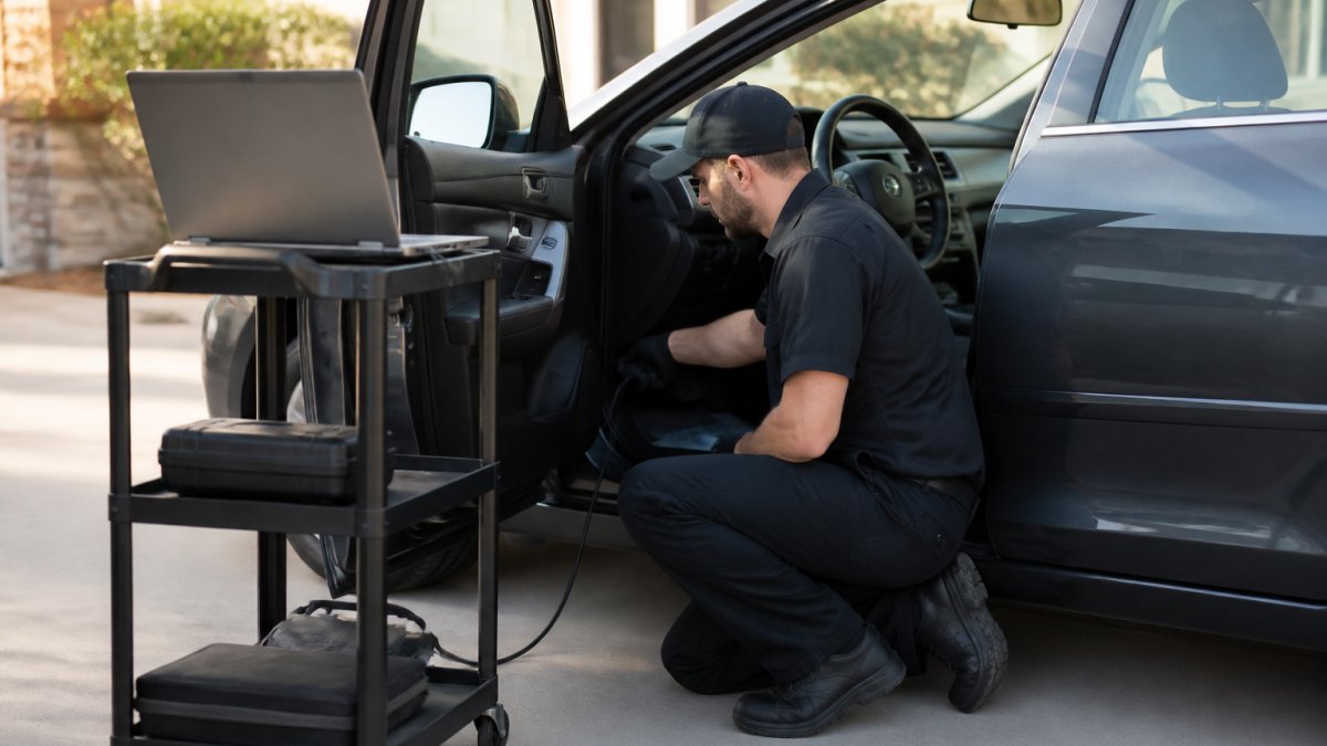 Technician using an OBD-II scanner to show how mobile mechanics perform emissions tests in a driveway.