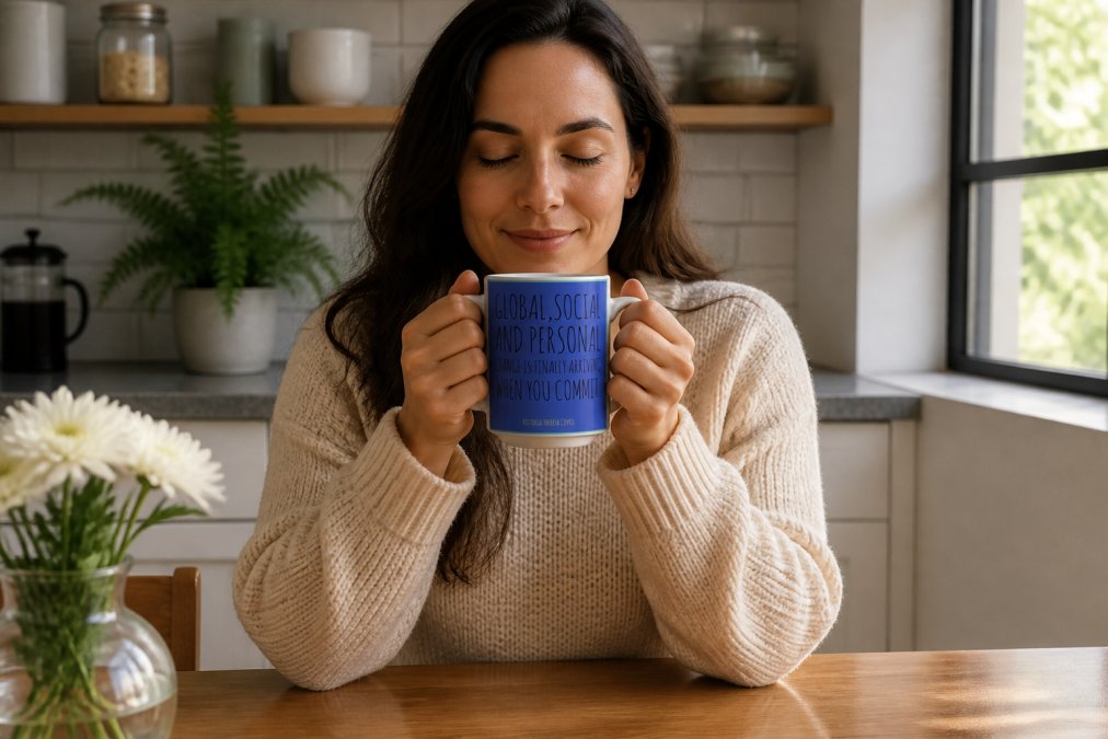 Woman's hands wrapped around a warm ceramic mug in soft morning light, showing calm facial expression and relaxed shoulders at a kitchen table