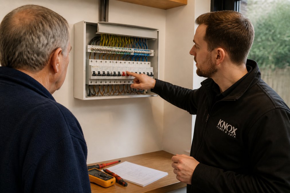 Electrician showing a homeowner the home electrics consumer unit to check for EV charger compatibility.