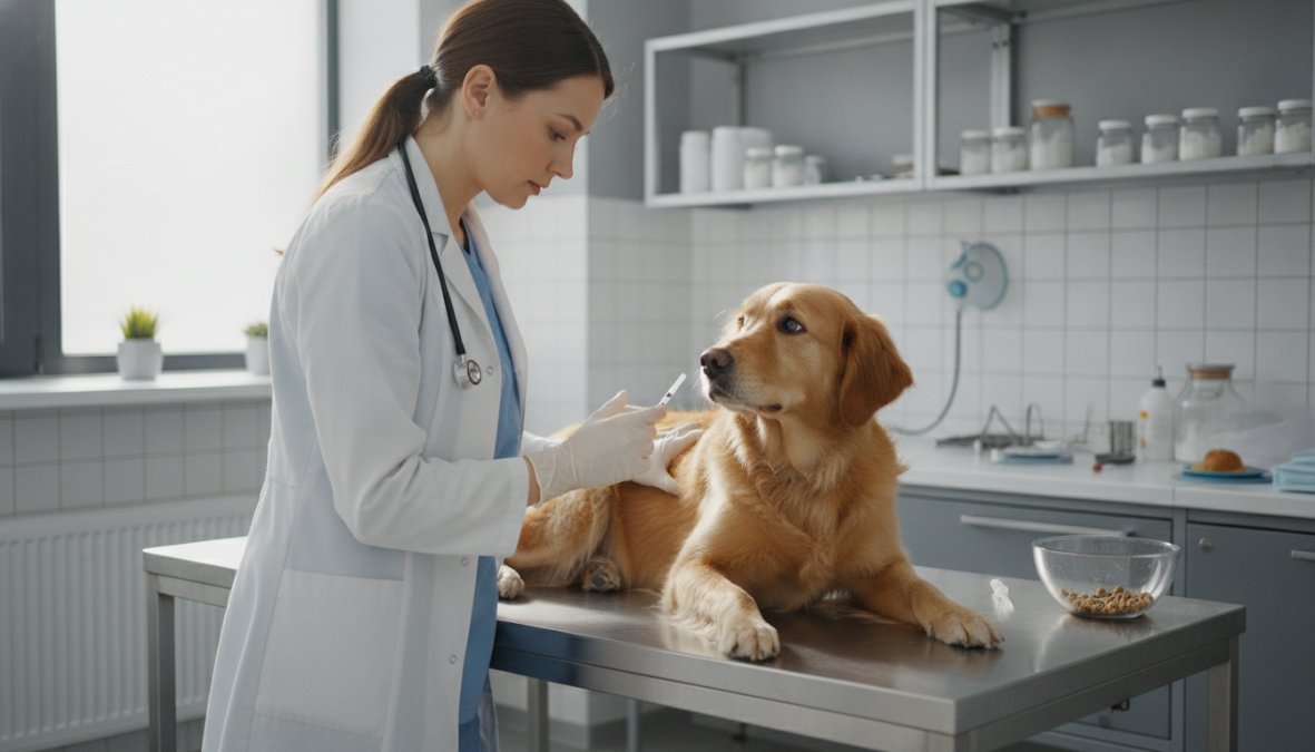A veterinarian in blue scrubs gently examining a calm golden retriever on a stainless steel exam table in a clean, modern veterinary clinic, with bright overhead surgical lighting and anesthesia equipment visible in the background
