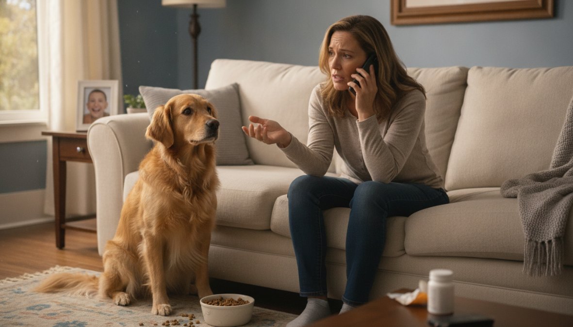 A concerned woman speaking on a mobile phone while her medium-sized brown dog sits attentively beside her on a gray couch in a warmly lit living room, suggesting an urgent call to the veterinarian