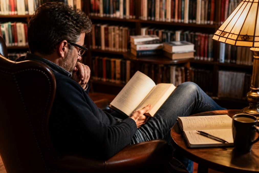 A reader in a comfortable armchair holding an open mystery novel, notebook and pen resting beside them with handwritten notes and arrows, warm lamp light, shelves of crime fiction blurred in the background
