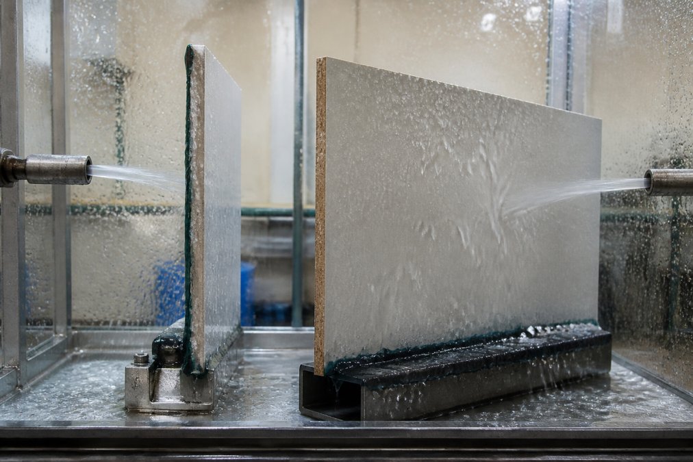 Close-up cross-section diagram or photograph showing the difference in edge deflection and sealant stress between a narrow (250mm) panel and a wide (900mm) panel under water pressure, with annotations highlighting stress concentration points and capillary action pathways