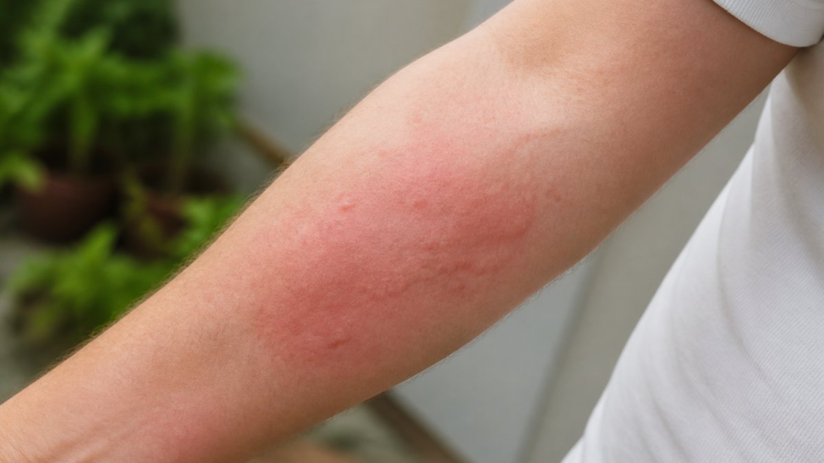 Close-up of a person's arm showing red, inflamed skin with visible rash and swelling from an allergic reaction, natural daylight illuminating the affected area