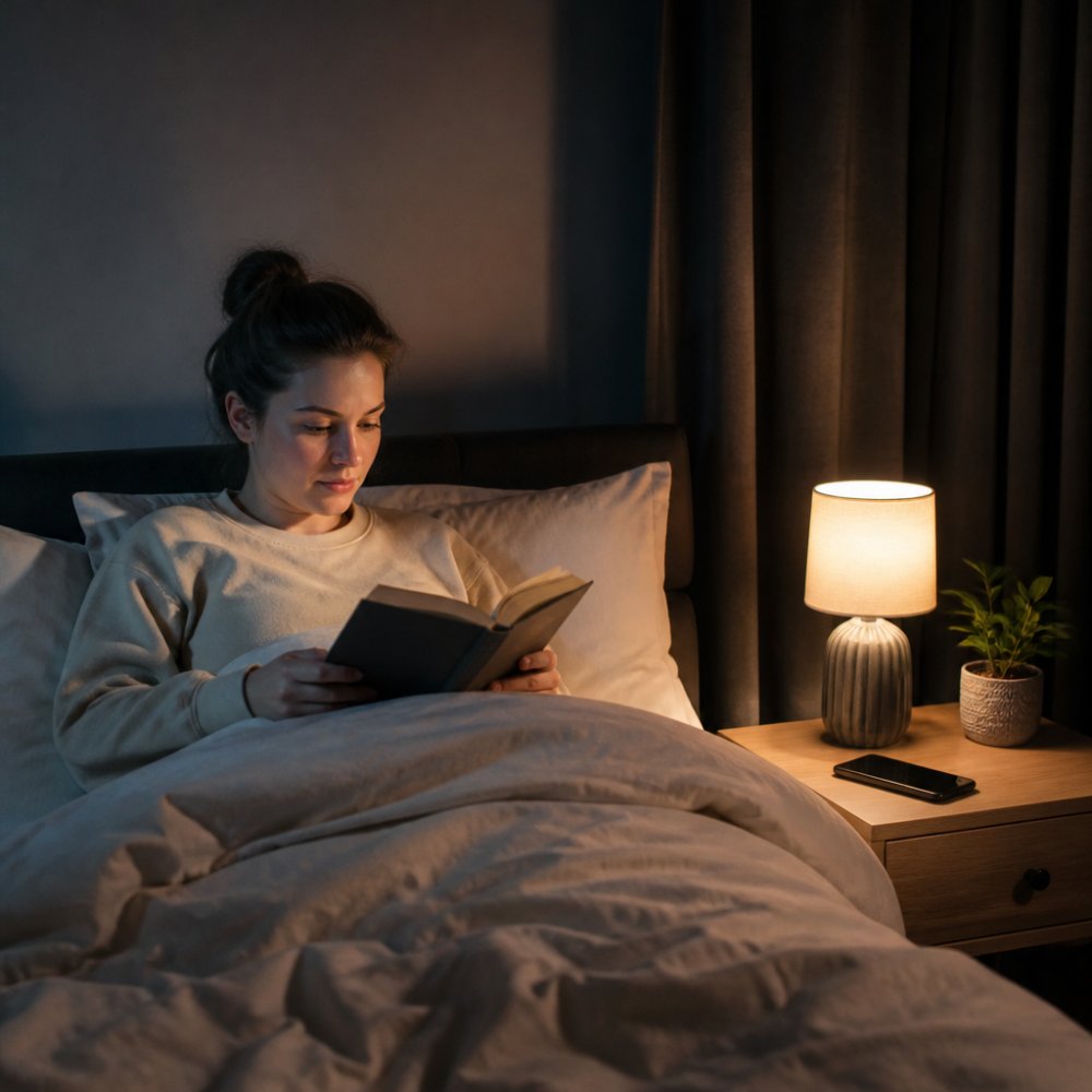 A calm, dimly lit bedroom at night with a person reading a book in bed, phone placed face-down on the nightstand, curtains drawn, soft warm lamp light