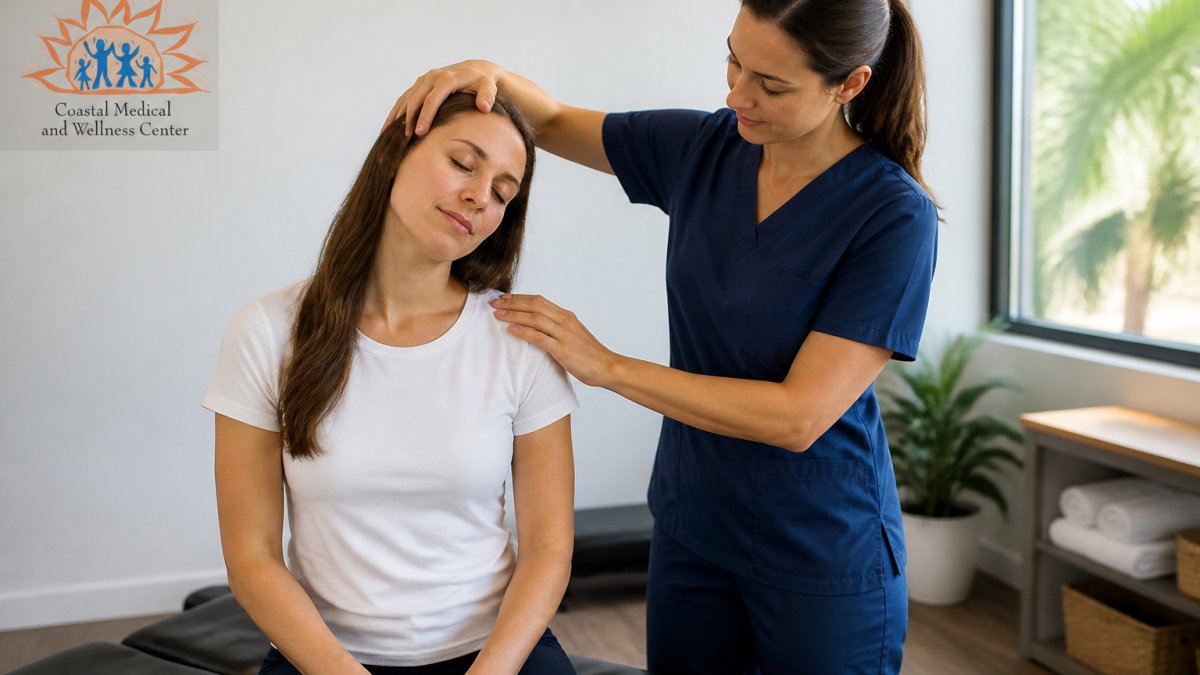 Healthcare professional demonstrating gentle neck stretch with hands positioned on side of head, patient in relaxed seated position, bright clinical wellness setting with natural lighting