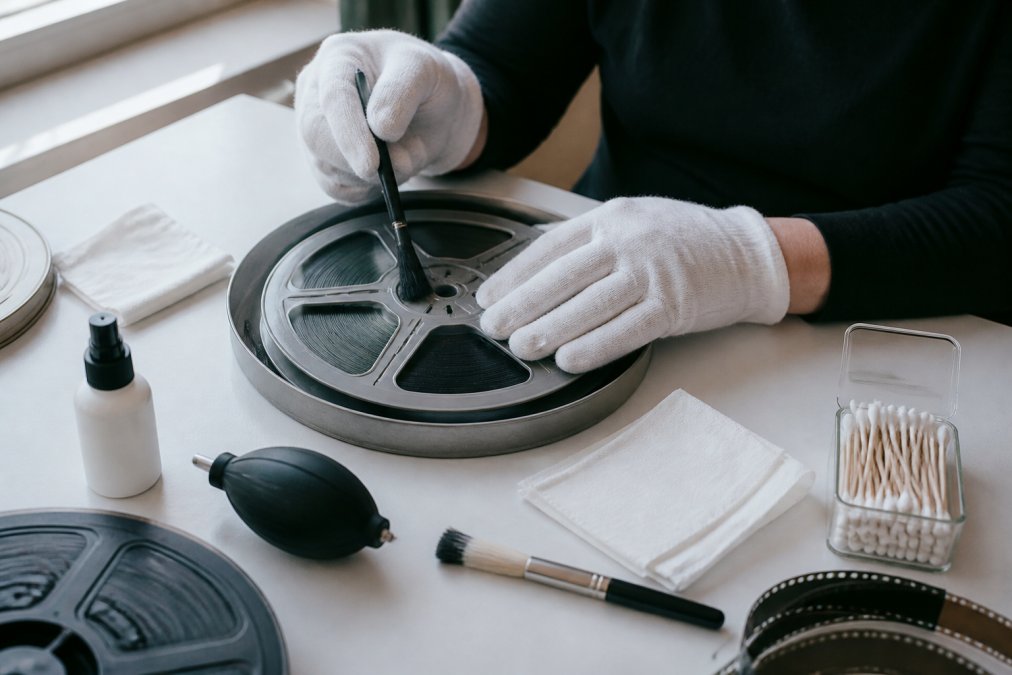 Hands wearing white cotton gloves carefully cleaning a film reel with a soft-bristled brush and archival materials on a clean work surface, natural diffused lighting