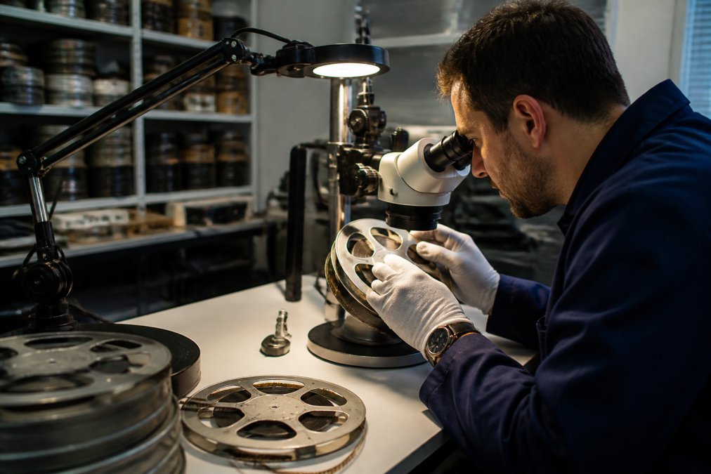 Professional technician carefully examining a damaged film reel under bright professional lighting with specialized magnification equipment in a climate-controlled facility