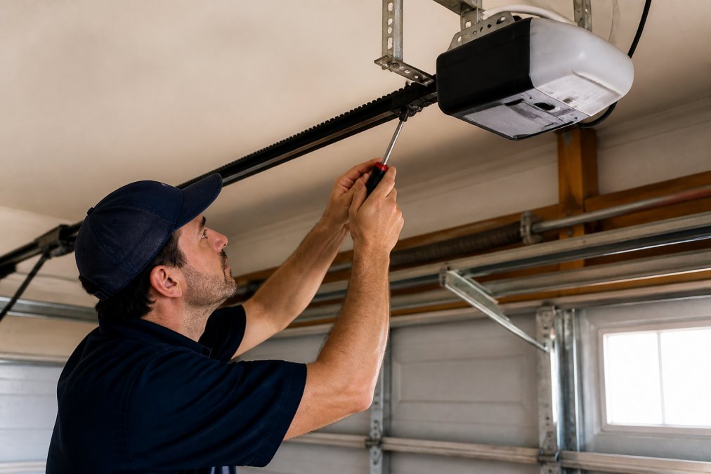 A professional technician in a uniform inspecting a garage door opener motor unit mounted on the ceiling, holding a screwdriver and looking at the drive rails