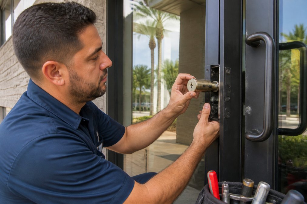 Licensed locksmith technician in professional uniform carefully installing a high-security cylinder into a commercial door lock using specialized key cutting and installation tools on a modern office building entrance