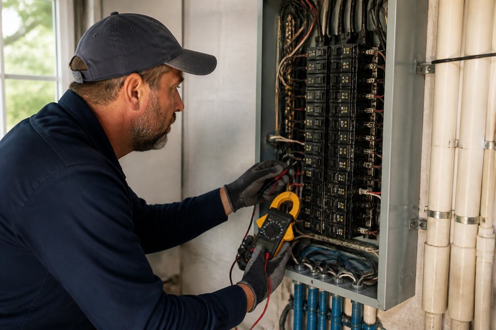 Professional electrician inspecting an older residential electrical panel with a multimeter, examining interior components and wiring in detail