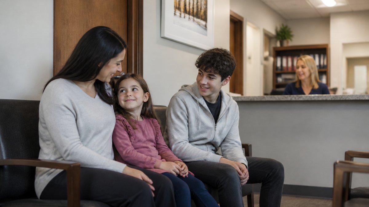 A warm, brightly lit clinic waiting area where a parent sits with a young child and a teenager, a friendly receptionist visible in the background