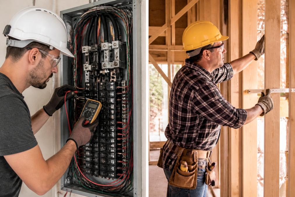 Licensed electrician working inside an electrical panel with a multimeter and safety equipment, demonstrating professional expertise and proper safety protocols in a residential setting