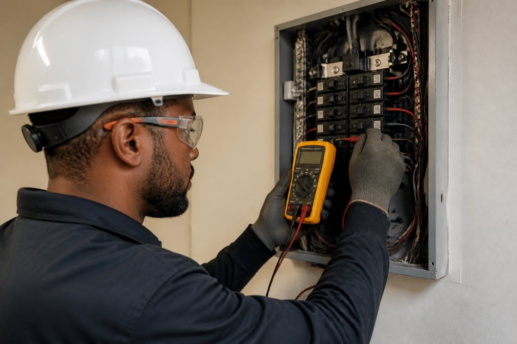 Electrician performing an inspection of an electrical panel with a digital multimeter, checking voltage and connections while wearing safety equipment in a residential setting