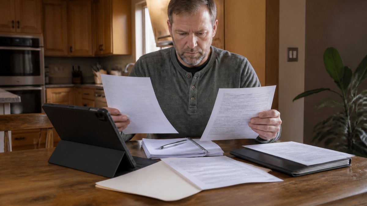 Homeowner reviewing contractor licensing documents and insurance certificates at kitchen table with tablet and paperwork visible