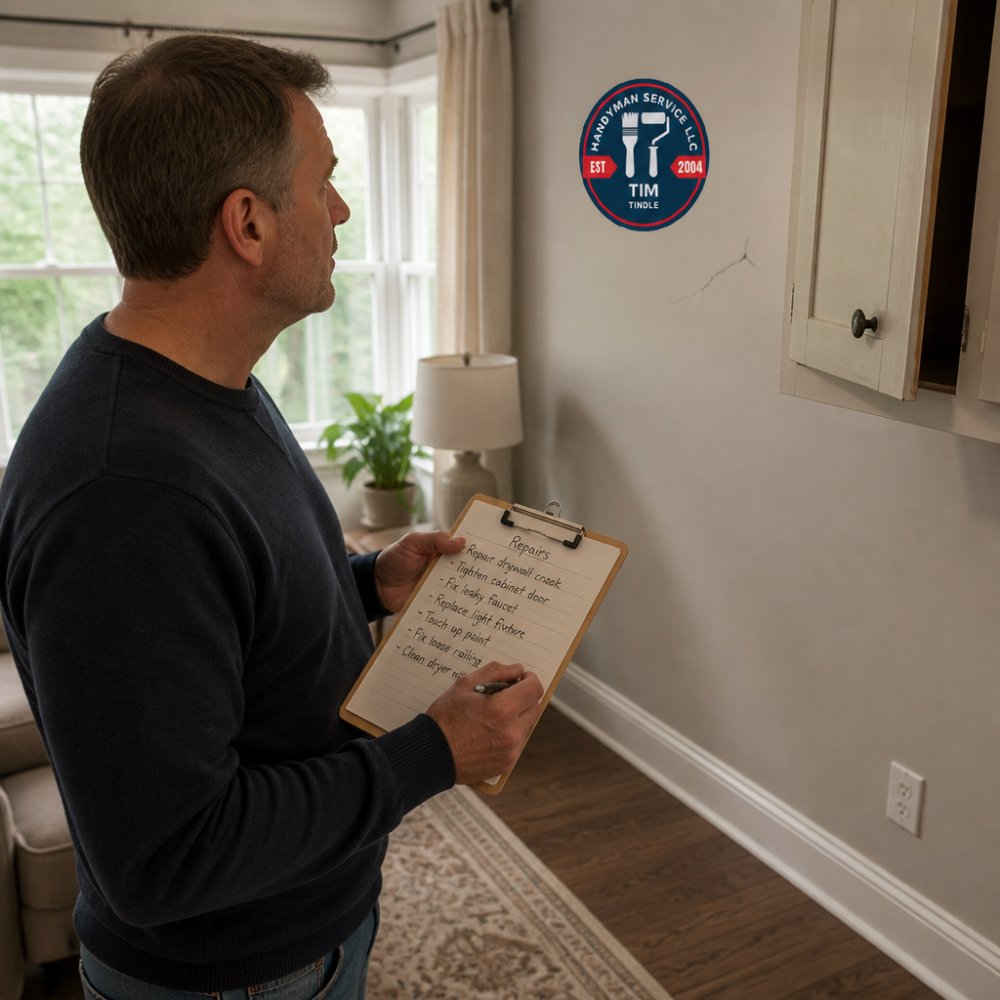 A homeowner standing in a well-lit living room, holding a clipboard with a handwritten list, looking thoughtfully at a wall with a small crack and a loose cabinet door nearby, natural daylight from a window, realistic and candid