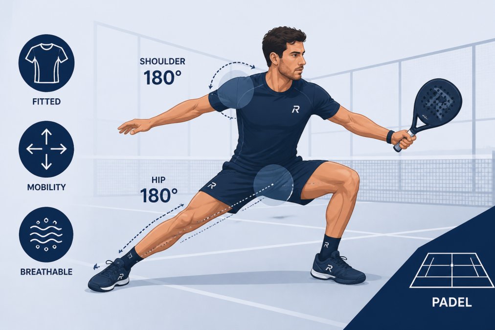Athlete performing a lateral lunge on a padel court in fitted court-specific apparel, showing unrestricted arm and leg movement with clear shoulder and hip mobility
