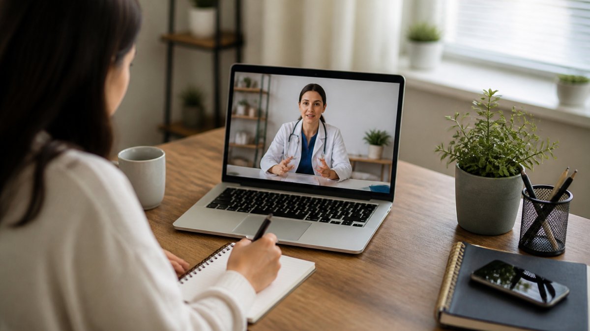 A person sitting at a desk with a laptop open to a video call with a doctor, holding a notepad and pen, in a bright home office