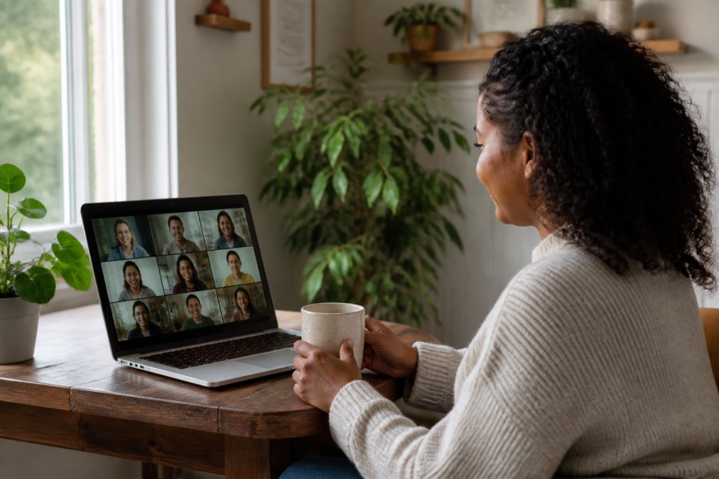 Person sitting at a laptop in a calm home environment, soft natural lighting from a window, looking engaged and relaxed during a video call with multiple faces visible on screen in a grid layout