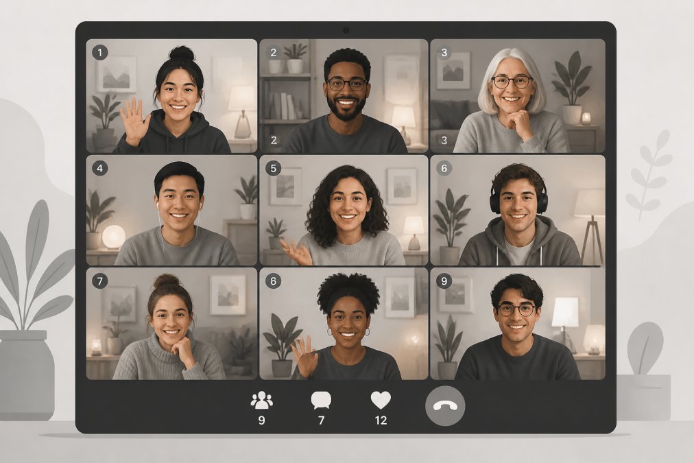 Diverse group of people smiling and engaging on a video call grid, showing genuine connection and community, warm lighting from home environments visible in each participant's space