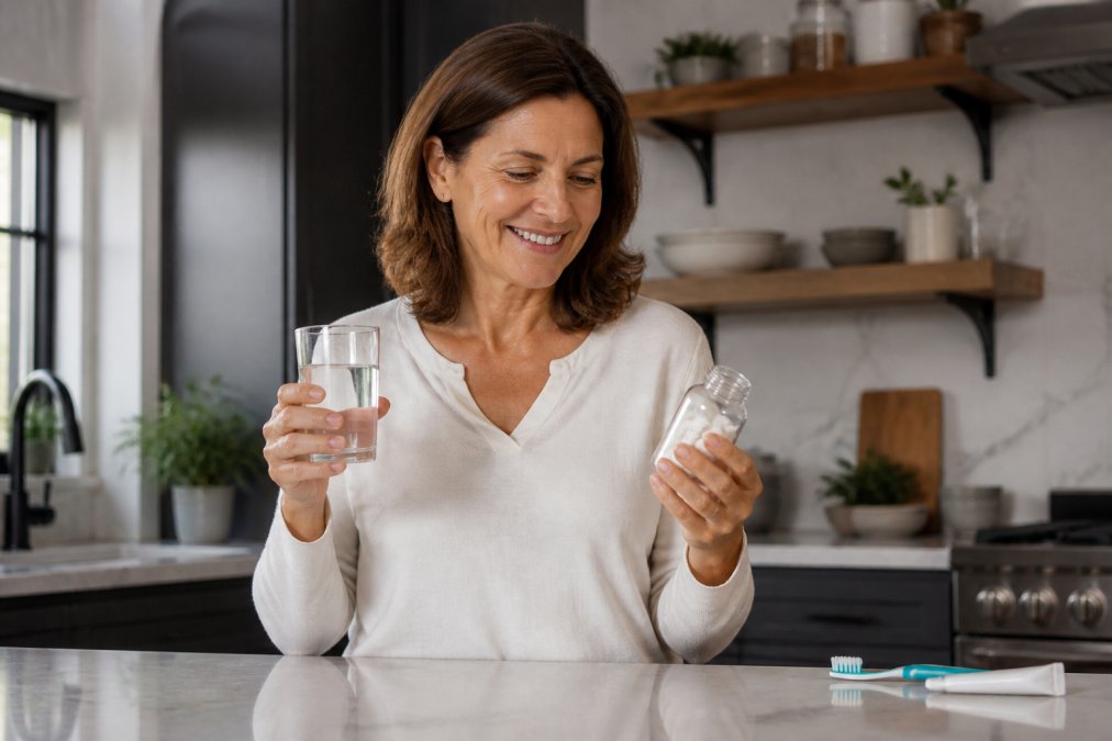 A person in a bright modern kitchen holding a small glass of water in one hand and a clear supplement bottle in the other, with a toothbrush and toothpaste on the counter in the background