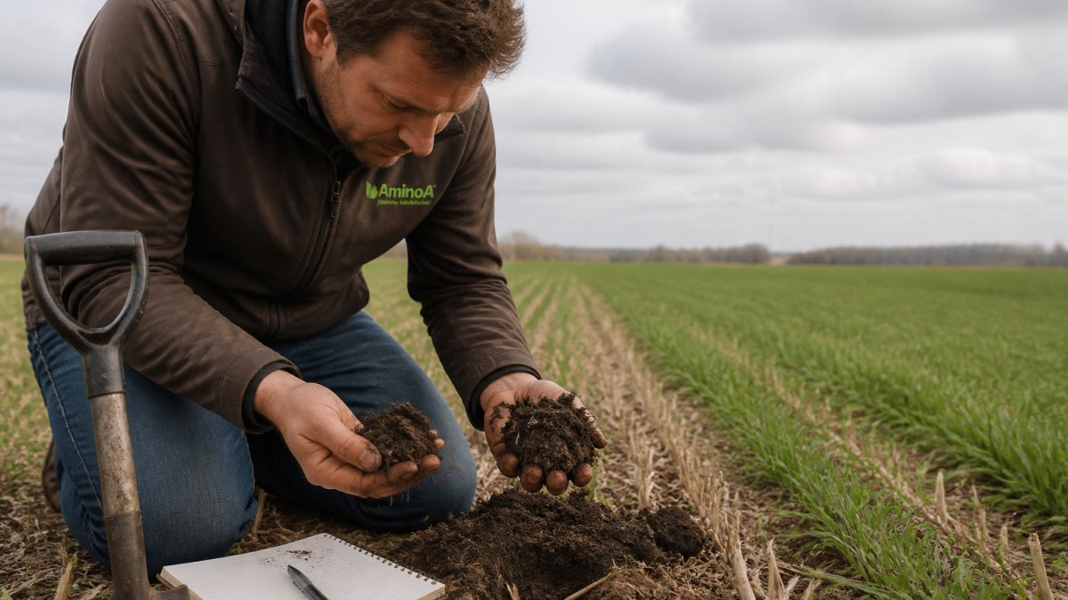 Agronomist examining dark, healthy soil in a winter wheat field to assess crop resilience levels.