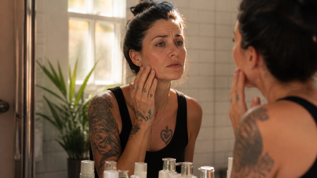 A woman in her forties standing at a bathroom mirror, gently touching her cheek with a puzzled expression, skincare bottles blurred in the foreground, warm natural light through a window