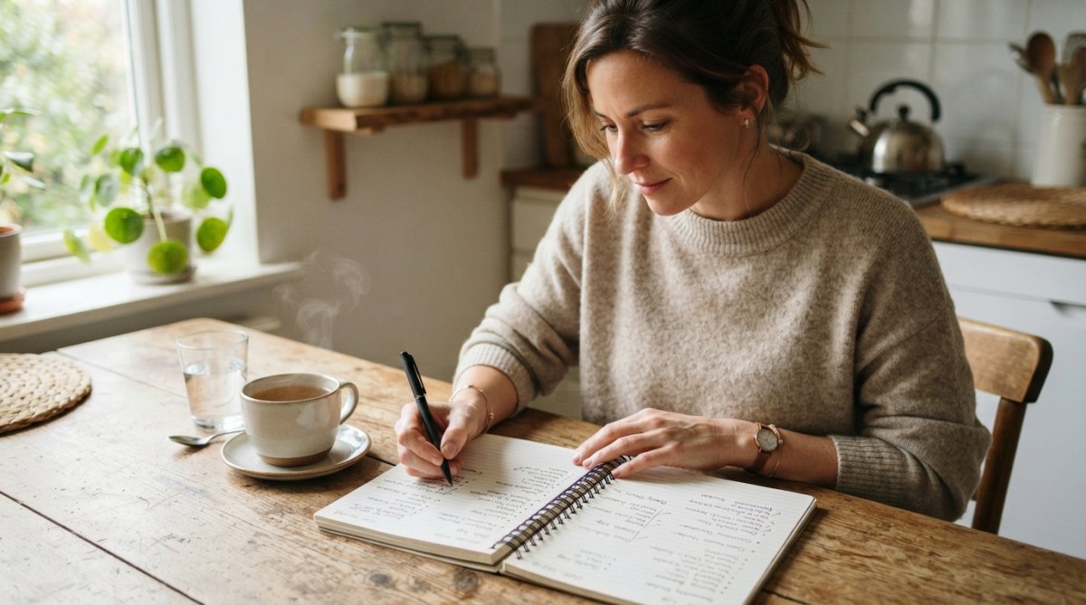 A person sitting at a kitchen table in soft morning light, reviewing a handwritten wellness plan in a notebook with a cup of tea beside them