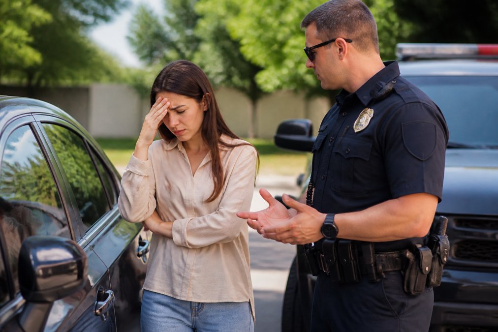 Police officer assisting a distressed driver beside a locked vehicle during daytime, showing professional interaction and reassurance