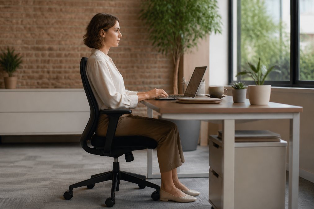 Professional demonstrating correct sitting posture at desk with shoulders back, spine aligned, monitor at eye level, and feet flat on floor in modern office setting