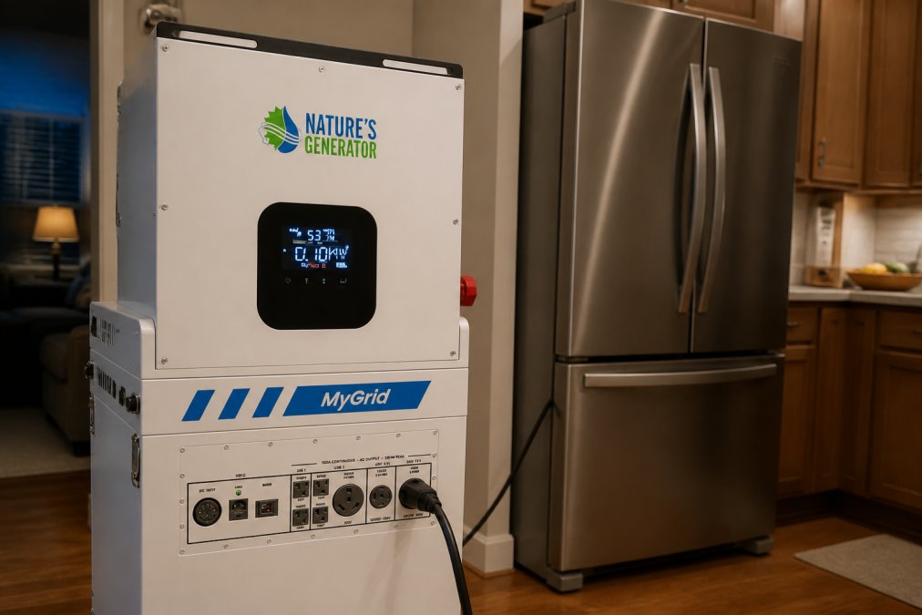 Close-up of a portable power station's display screen showing watt output and battery percentage, with a refrigerator plugged in nearby in a home kitchen setting during evening hours