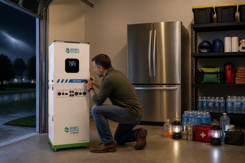 Homeowner checking a portable power station's battery display during a storm, with a residential refrigerator visible in the background and emergency supplies organized on shelves in a modern garage